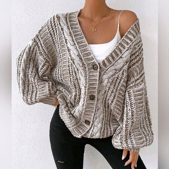 New Boho Chunky Cable Knit Cardigan Sweater Cream White Brown - Picture 3 of 9